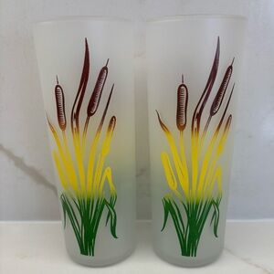 2 Vintage Tom Collins Frosted Glasses Cattail Design By Federal Glass Rare